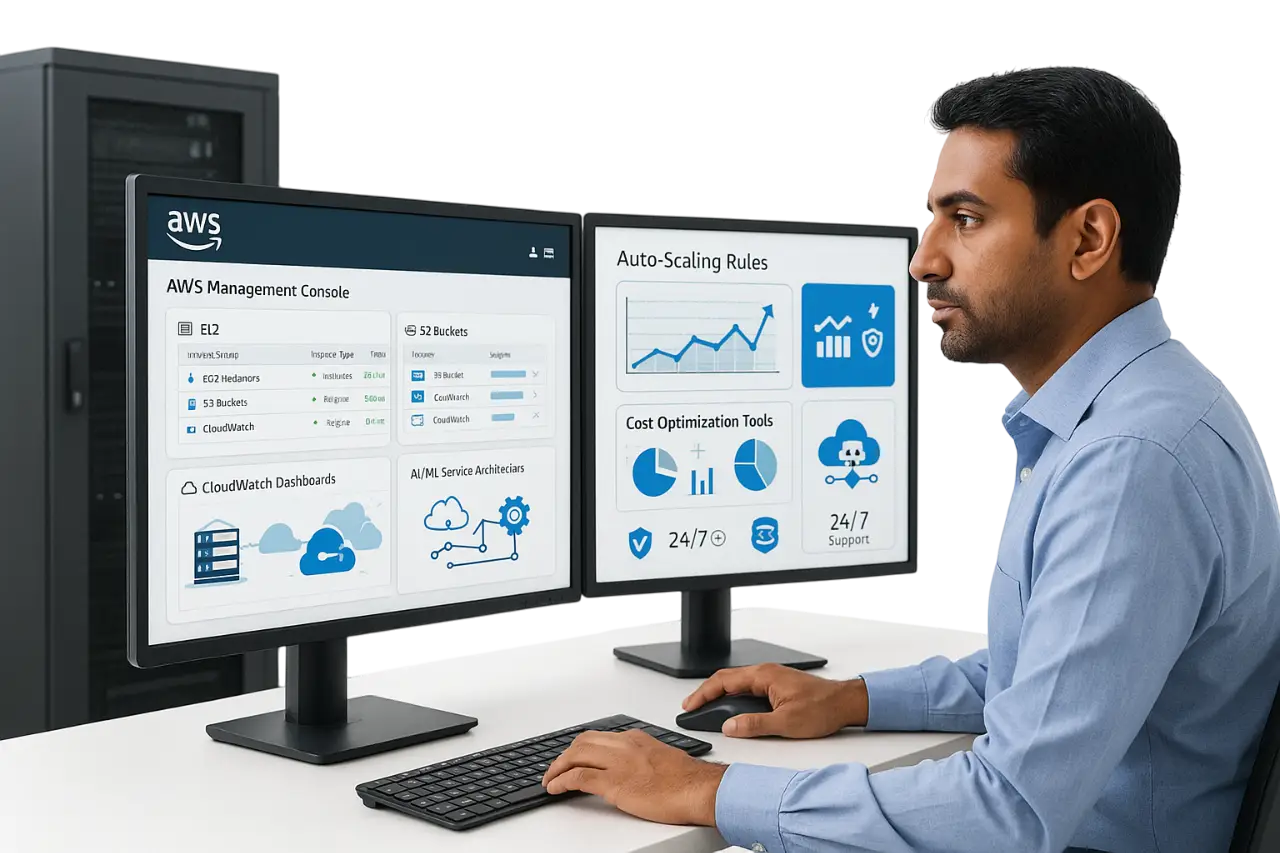 Cloud engineer analyzing AWS Management Console with EC2 instances, S3 buckets, and auto-scaling rules – Creative IT Solutions