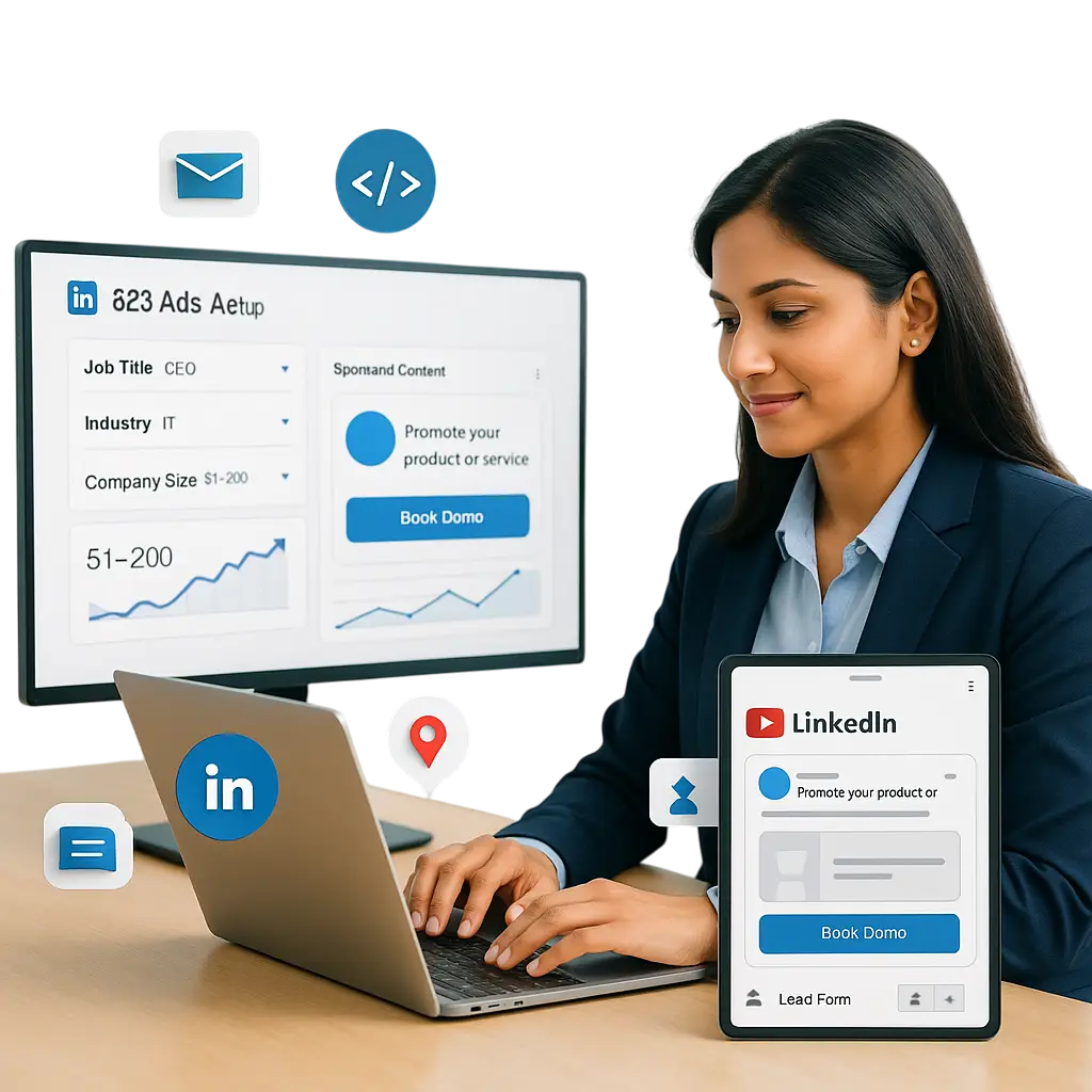 Professional Indian woman setting up a LinkedIn sponsored content campaign targeting IT CEOs at mid-sized companies, with a “Book Demo” call-to-action.