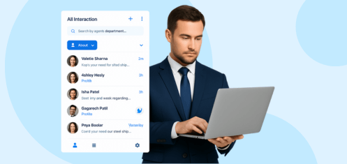 Businessman in suit using laptop with agent interaction dashboard showing real-time customer chat support