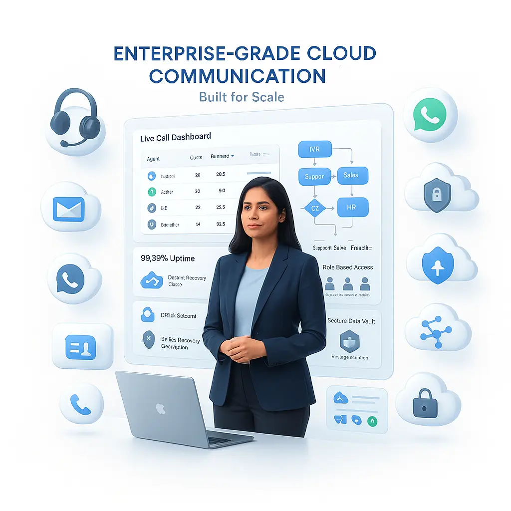 Professional Indian businesswoman standing beside a live call dashboard with cloud communication tools like IVR, WhatsApp, secure cloud storage, and role-based access.