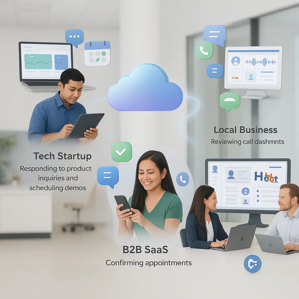 People using cloud messaging tools for various business purposes—tech startup handling product inquiries, B2B SaaS confirming appointments, and local business reviewing voice and chat dashboards.