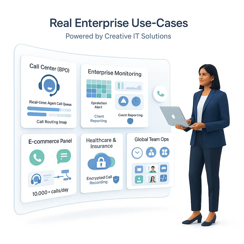 Confident Indian businesswoman with laptop standing beside enterprise use-case dashboard panels for BPO, e-commerce, healthcare, and global team operations.