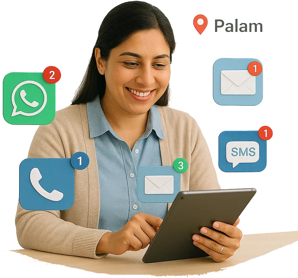 Smiling woman using tablet with WhatsApp, SMS, email, and call notifications; location marked as Palam