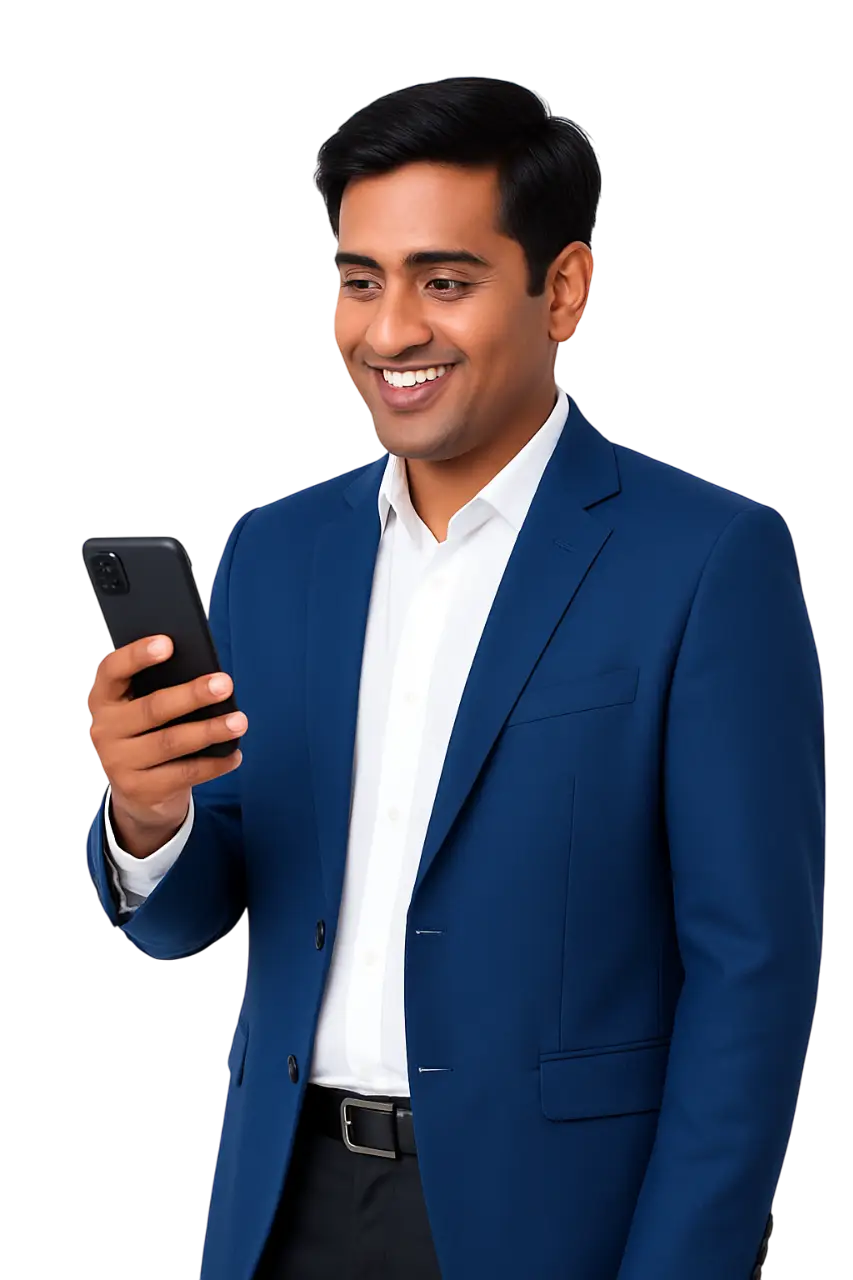 Indian businessman in blue suit smiling while looking at mobile phone