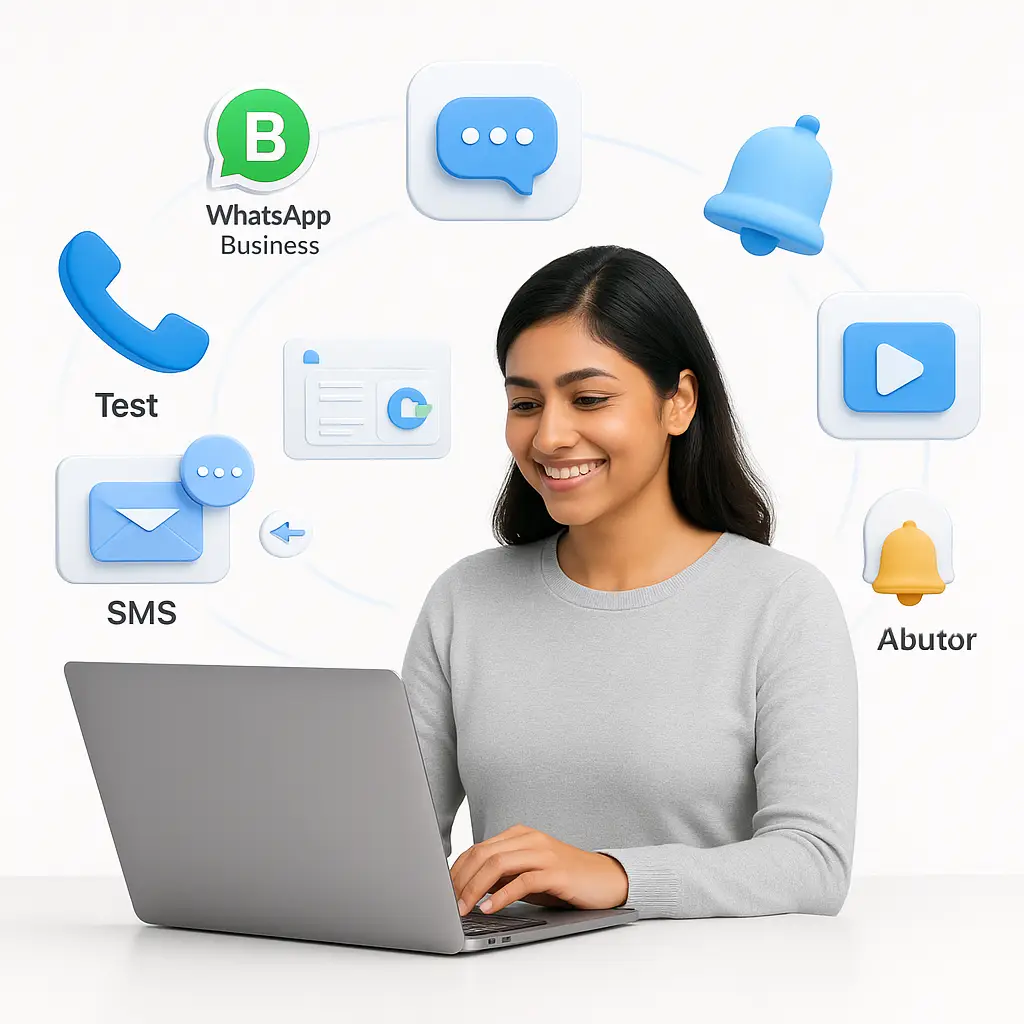 Smiling woman using a laptop, surrounded by icons for WhatsApp Business, SMS, phone calls, video, alerts, chat, and customer data dashboard, representing omnichannel communication setup.