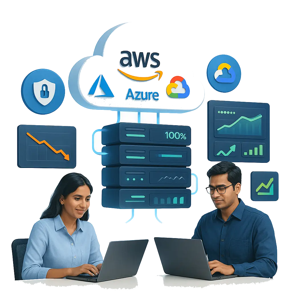 Indian professionals managing cloud servers and analytics with AWS, Azure, and Google Cloud icons and dashboards