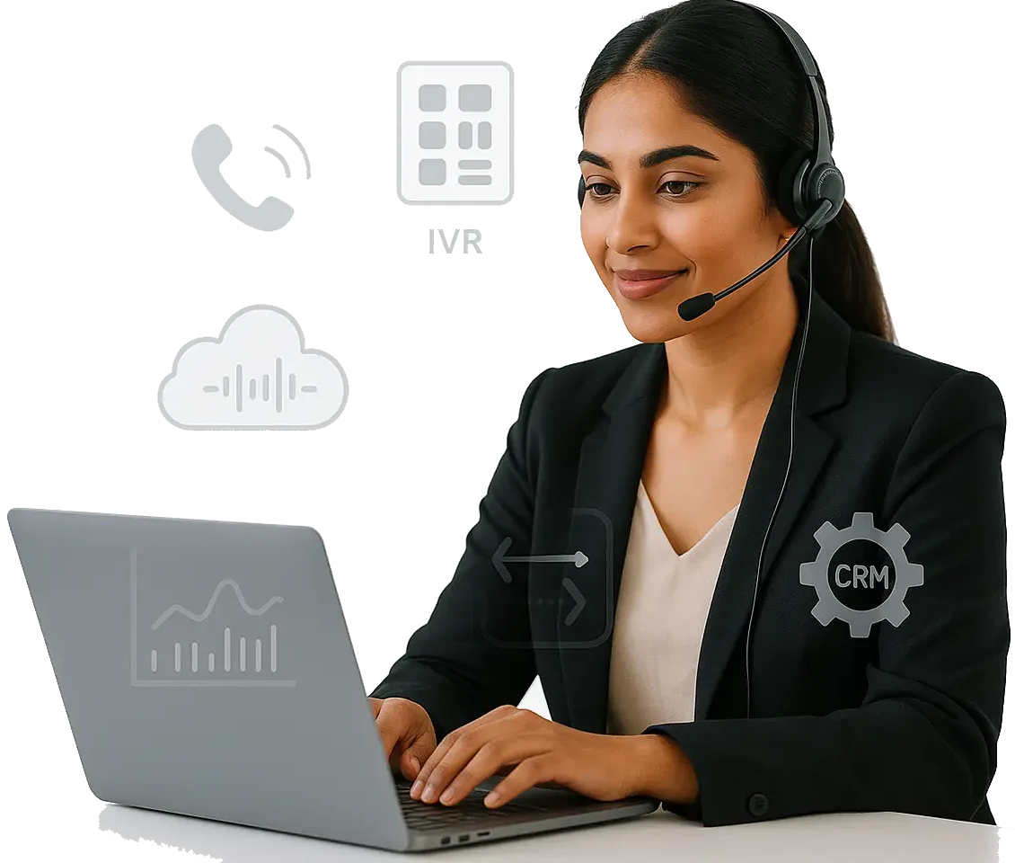 Support executive using laptop with headset and icons representing CRM, IVR, cloud calling, and telephony