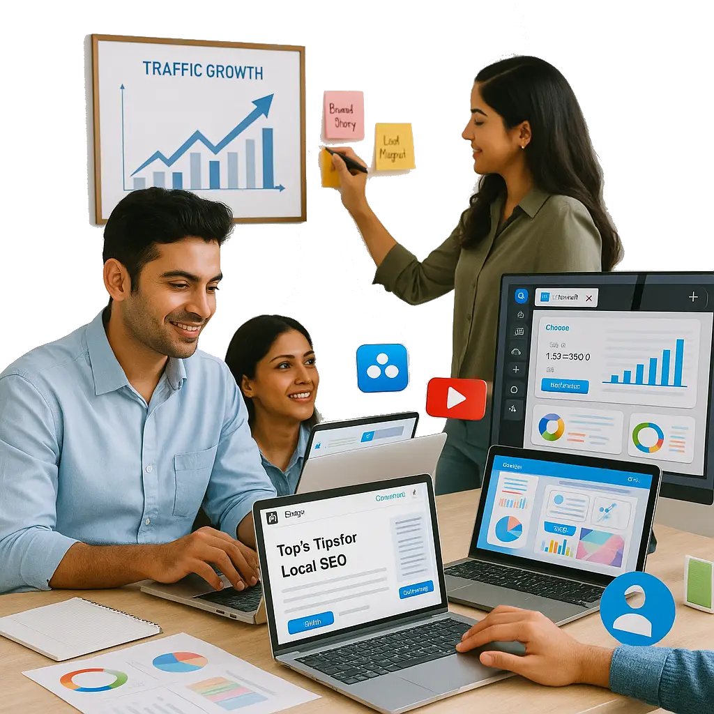 Indian marketing team planning local SEO strategies and reviewing analytics dashboards to boost website traffic and engagement.