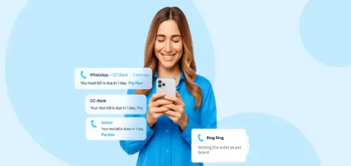 Smiling woman in blue shirt checking multiple business notifications and payment reminders on smartphone