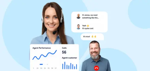 Female support agent on headset with agent performance dashboard and live customer call interaction