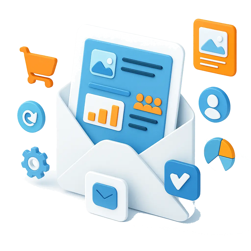 3D email icon with marketing content, analytics, contact lists, eCommerce, and automation tools