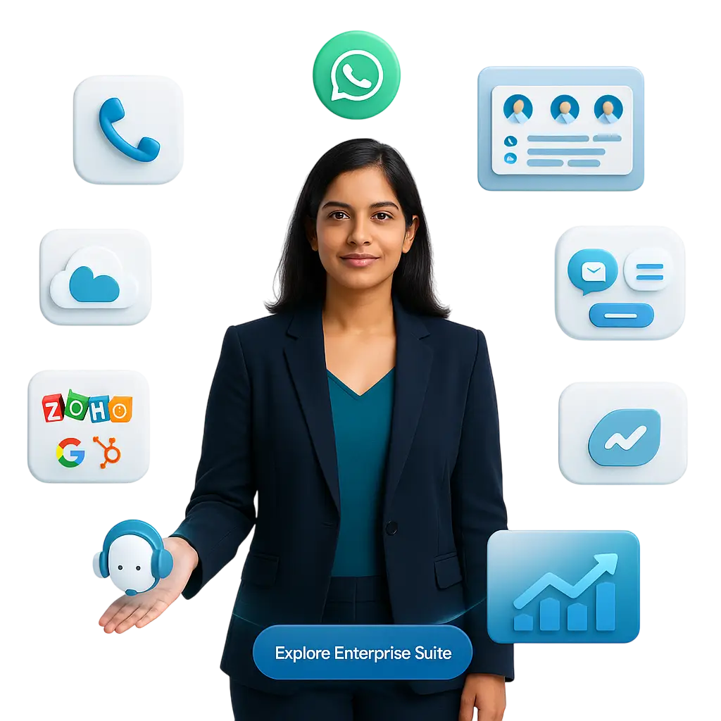Confident businesswoman showcasing cloud communication tools like WhatsApp, Zoho, HubSpot, Google, analytics, and chat support for enterprise integration.