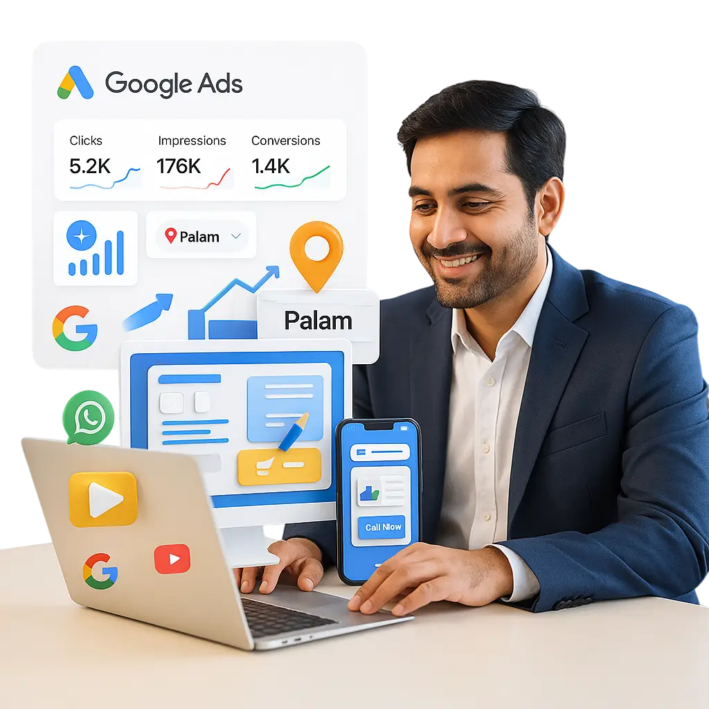 Indian businessman analyzing Google Ads dashboard showing clicks, impressions, and conversions for a local Palam campaign