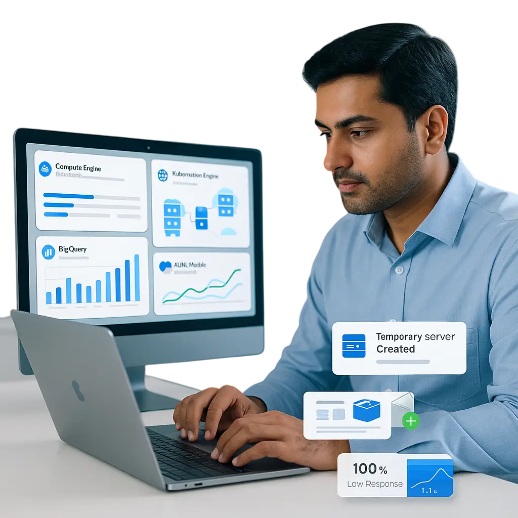 Engineer managing Google Cloud services like Compute Engine, Kubernetes Engine, and BigQuery on a dashboard with a temporary server notification.