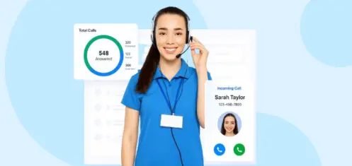 Smiling female call center agent wearing headset with incoming call dashboard and call analytics