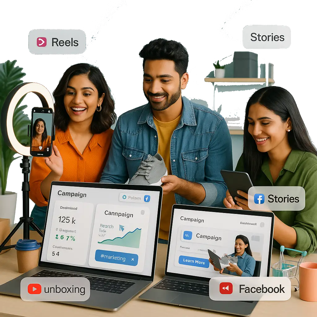 Team of young marketers creating Instagram Reels, Facebook Stories, and unboxing videos to promote a product using UGC content.