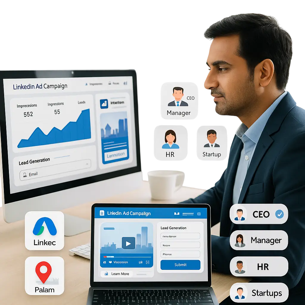 Indian businessman managing a LinkedIn Ad Campaign for lead generation, targeting CEOs, Managers, HR, and Startups with charts and analytics on screen