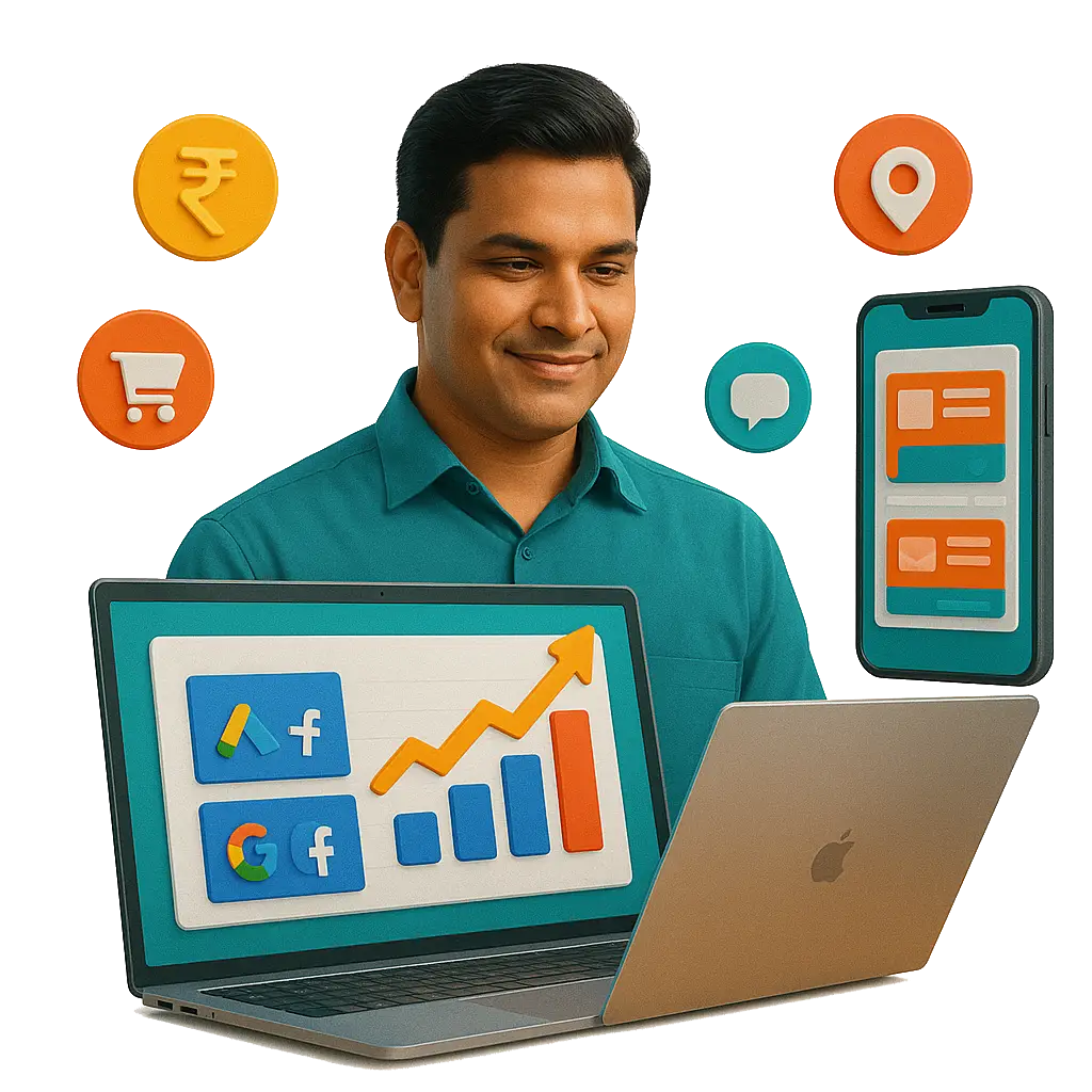 Indian digital marketer analyzing PPC ad performance with Google and Facebook ads dashboard, surrounded by icons for eCommerce, location, rupee, and mobile messaging