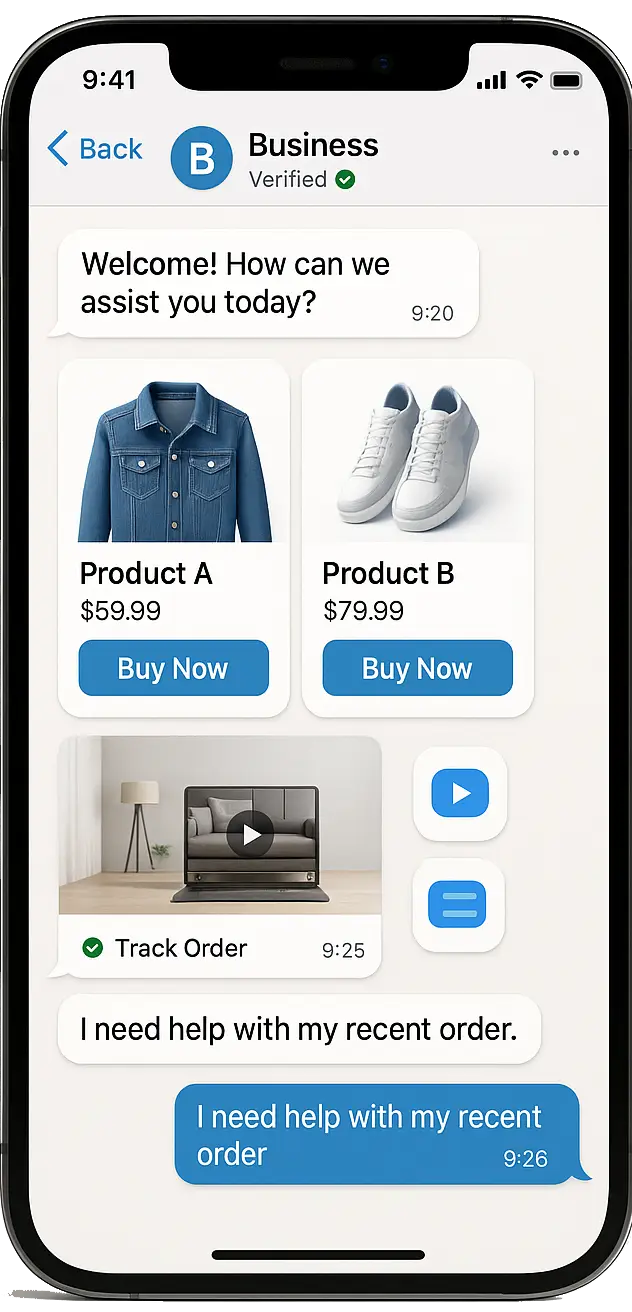 Mobile chat interface showing business customer support with product purchase and tracking options