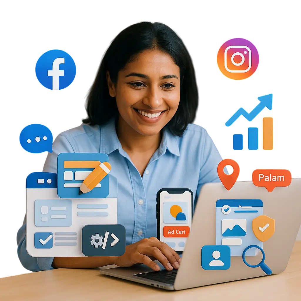 Indian woman managing digital marketing campaigns on laptop with Facebook, Instagram, ads, and analytics icons_Creative IT Solutions