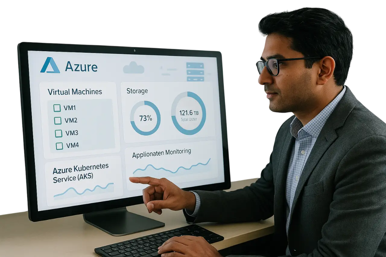 Business professional reviewing Microsoft Azure dashboard with virtual machines, Kubernetes service, storage usage, and app monitoring insights._Creative IT Solutions