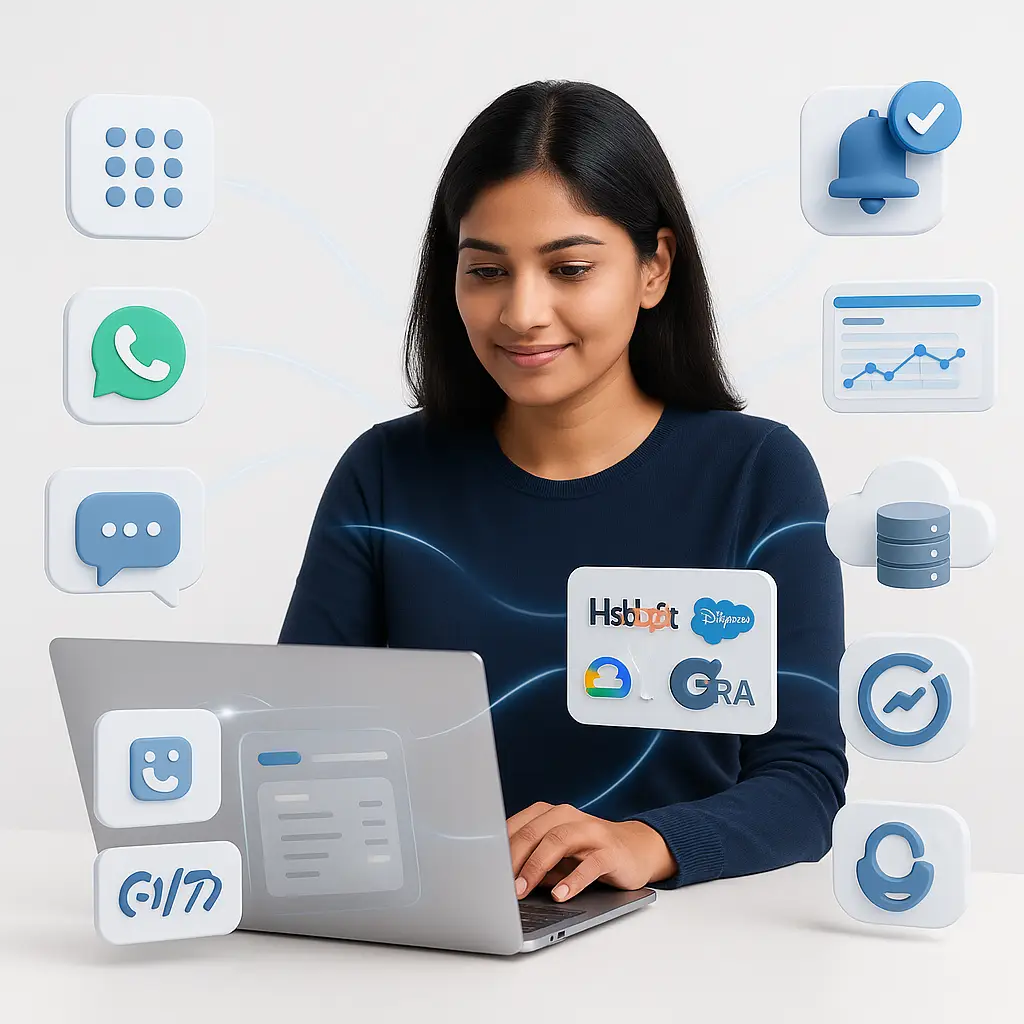 Smiling businesswoman using a laptop with icons of WhatsApp, live chat, CRM platforms like HubSpot and Salesforce, analytics, cloud storage, and 24/7 support tools around her.