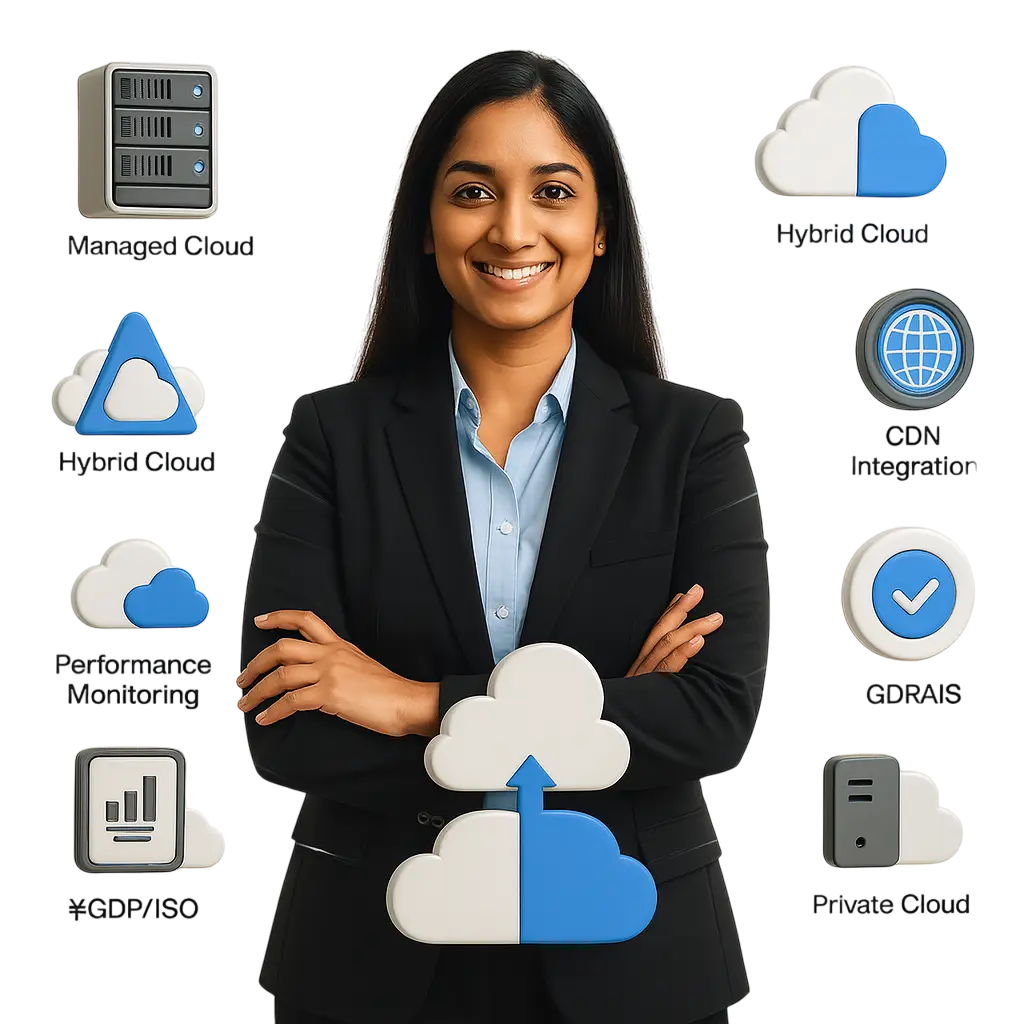 Smiling Indian businesswoman standing confidently with hybrid cloud architecture icons including performance monitoring, GDPR, CDN integration, and private cloud.