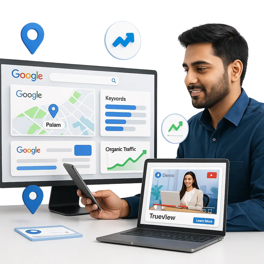 Indian digital marketer analyzing Google SEO keywords, local map data, and organic traffic on desktop and mobile screens