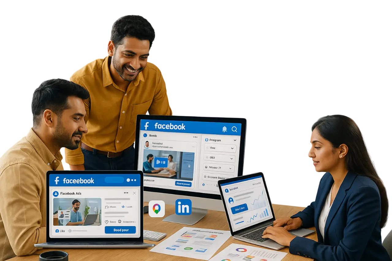Indian marketing professionals analyzing Facebook ad creatives, campaign results, and analytics dashboards during a team meeting.