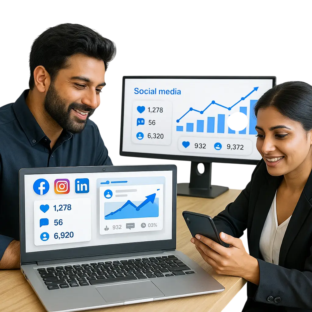 Male and female marketing professionals reviewing social media performance analytics on Facebook, Instagram, and LinkedIn via laptop and desktop dashboards
