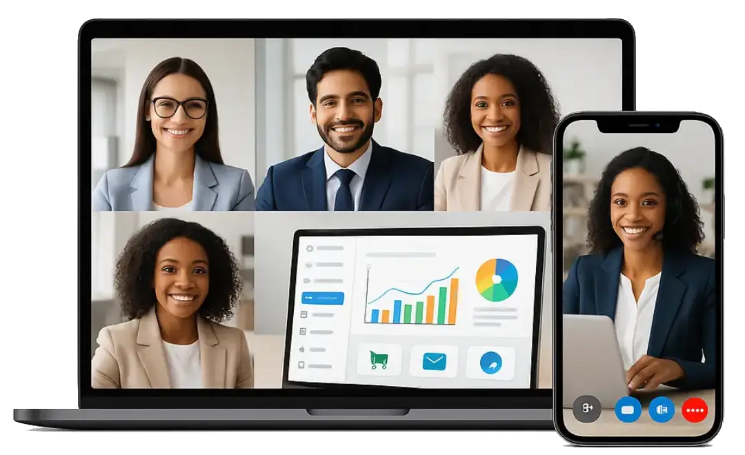 Remote team video conference with business analytics dashboard on laptop and mobile