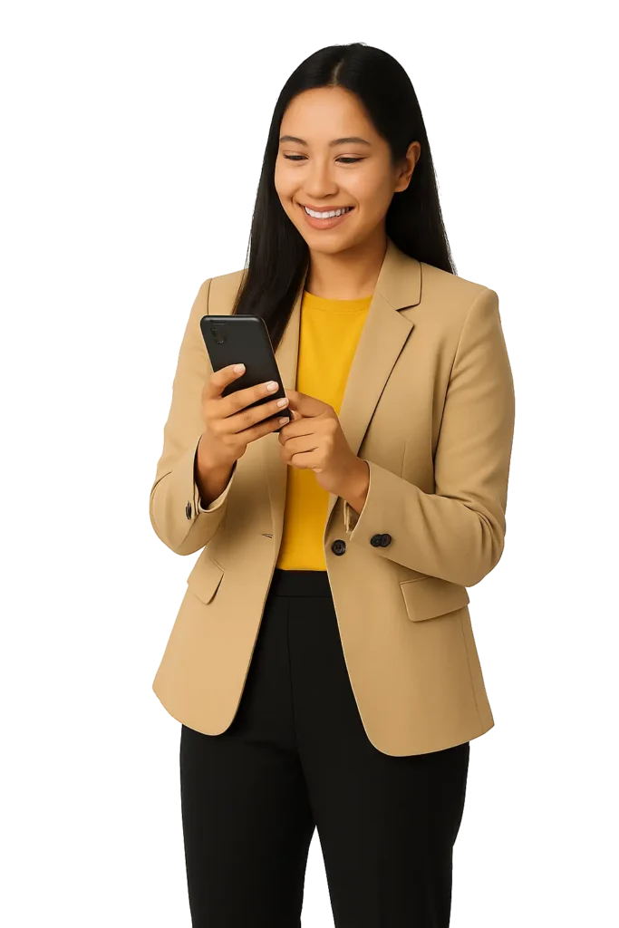 Professional woman in beige blazer smiling while using smartphone
