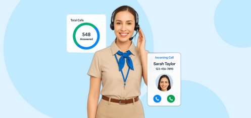 Smiling female support executive in uniform using headset with incoming call and call analytics dashboard