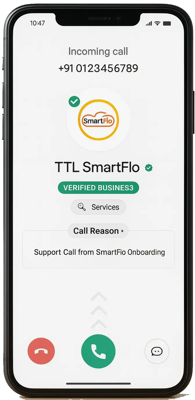 Incoming business call on smartphone screen with verified SmartFlo ID and call reason display