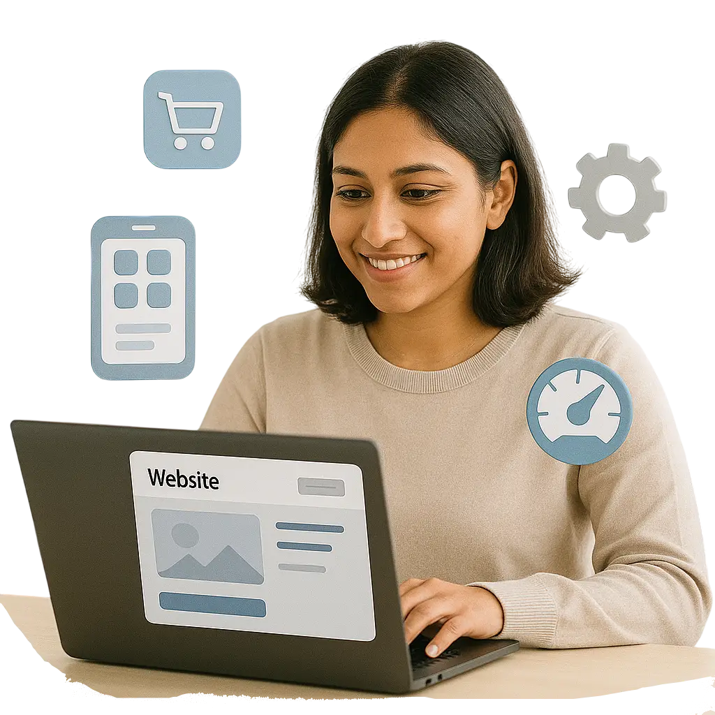Smiling woman using laptop with icons for website, mobile app, speed optimization, eCommerce, and settings – Creative IT Solutions
