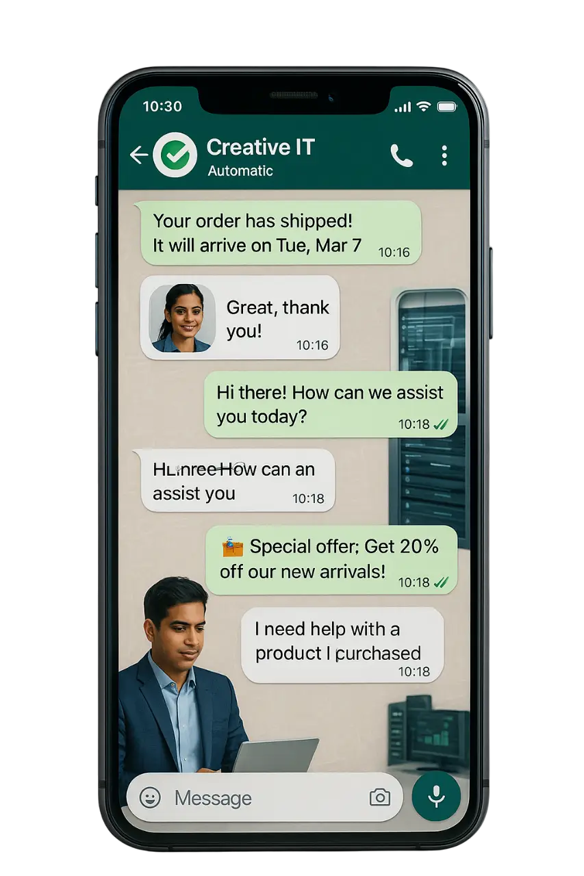 Mobile screen showing Creative IT WhatsApp Business chat with order updates, special offers, and customer support interaction