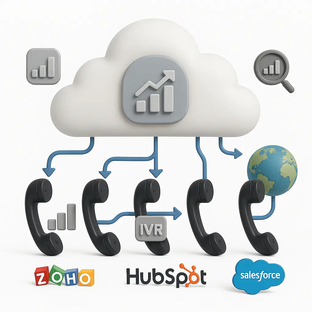 Cloud telephony system diagram showing IVR, CRM integration with Zoho, HubSpot, and Salesforce – Creative IT Solutions