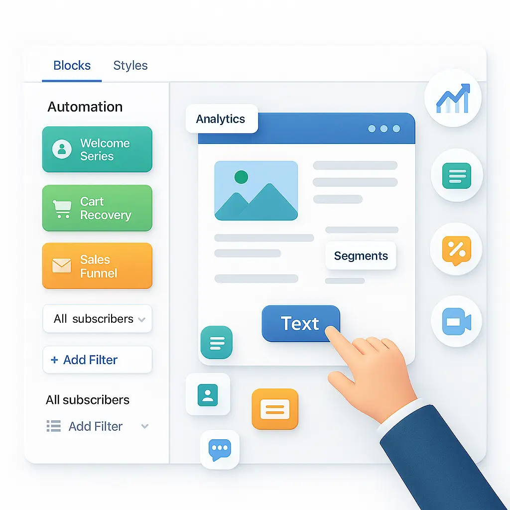Email automation builder interface showing welcome series, cart recovery, sales funnel, and text content blocks