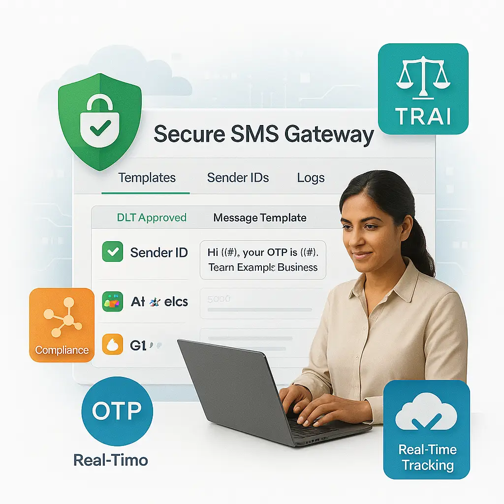 Woman using laptop with secure SMS gateway dashboard showing DLT-approved templates, OTP, and TRAI compliance