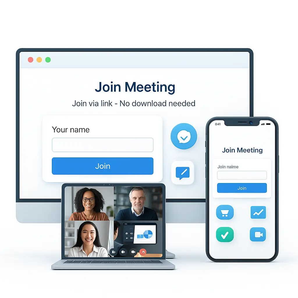 Online meeting join screen and video conference displayed on desktop, laptop, and mobile devices