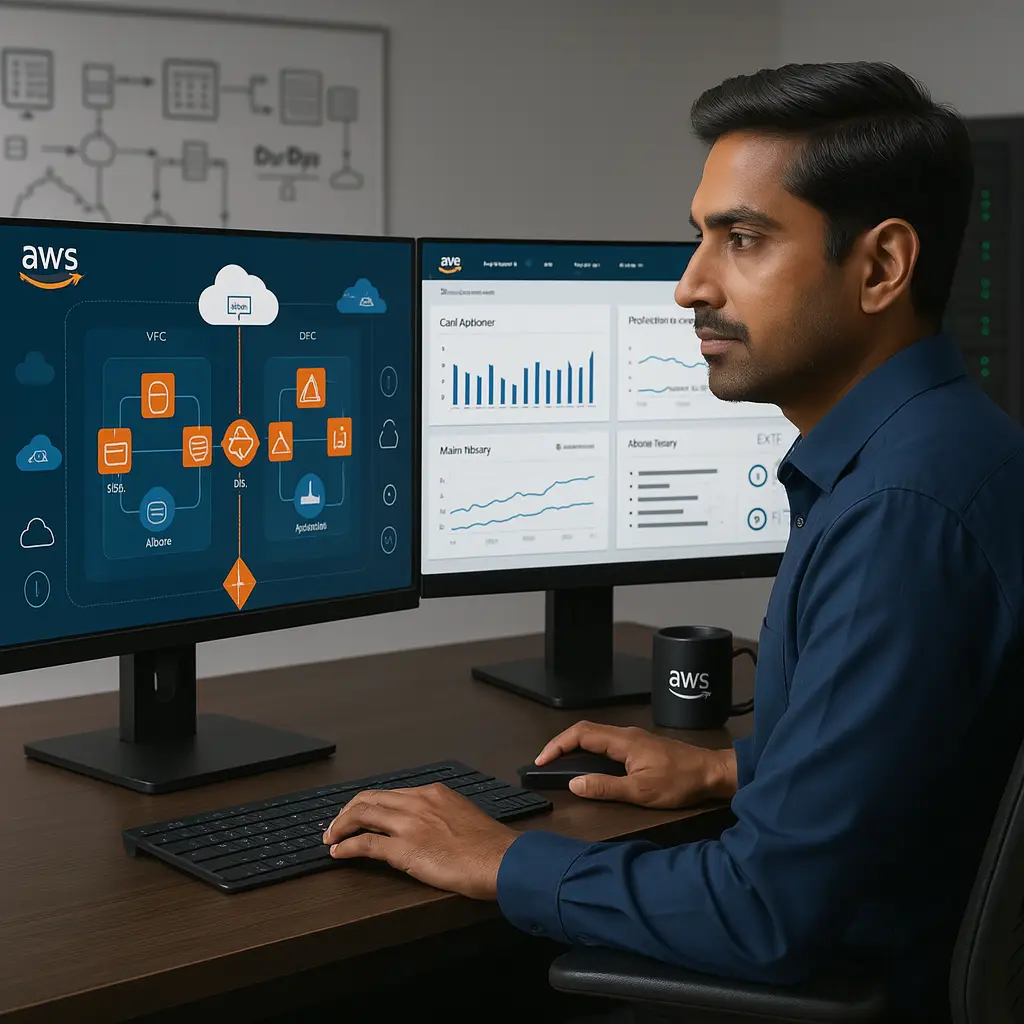 Engineer monitoring AWS cloud architecture and real-time analytics dashboards on dual screens in a secure DevOps environment.