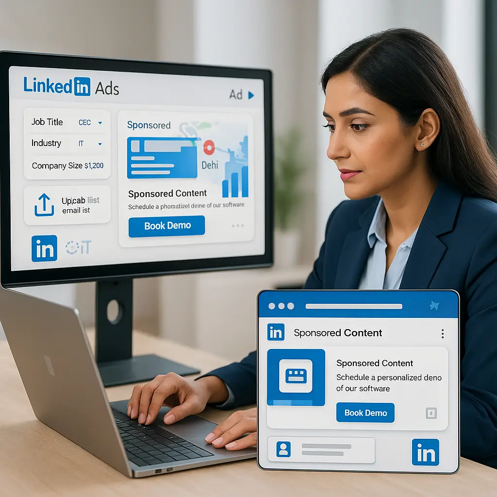 Indian businesswoman running a LinkedIn ad campaign on her laptop, showcasing a sponsored content ad targeting IT industry CEOs with a 'Book Demo' call-to-action.