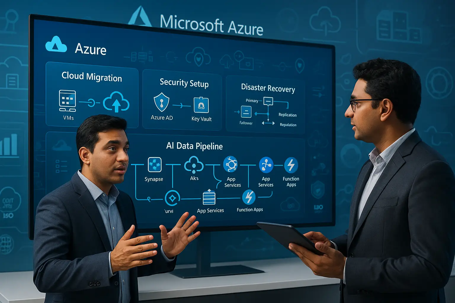 Two professionals discussing Microsoft Azure architecture including cloud migration, security setup, disaster recovery, and AI data pipeline using Synapse, AKS, and Function Apps – Creative IT Solutions