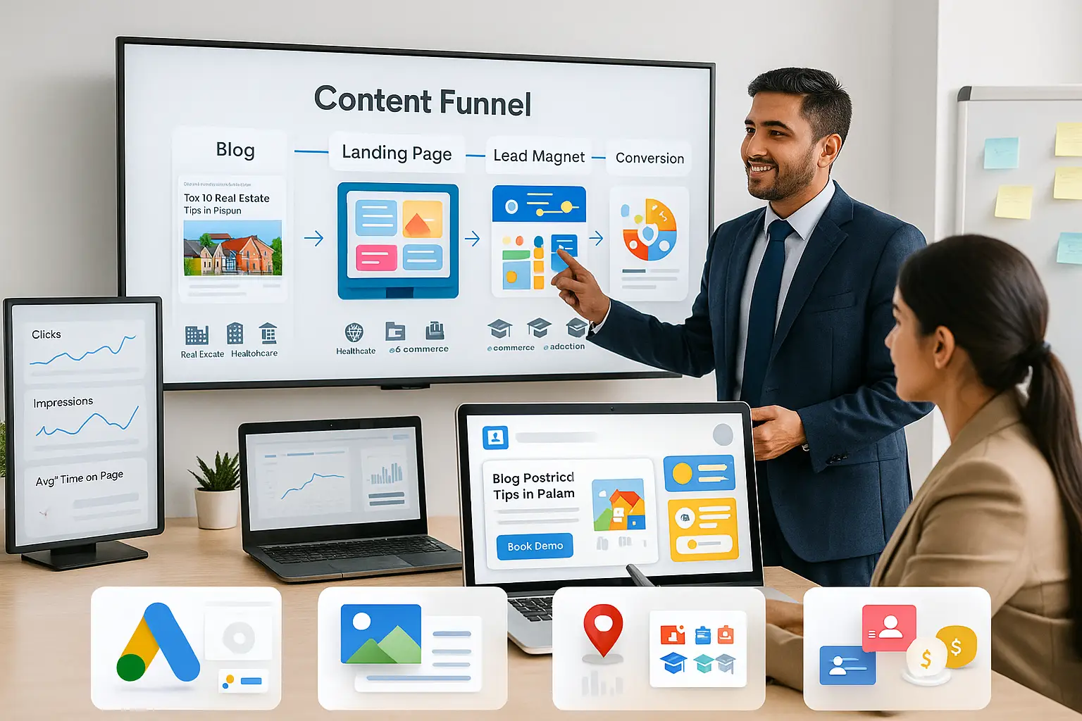 Business professionals presenting a content marketing funnel from blog to conversion with digital dashboards and audience targeting visuals.