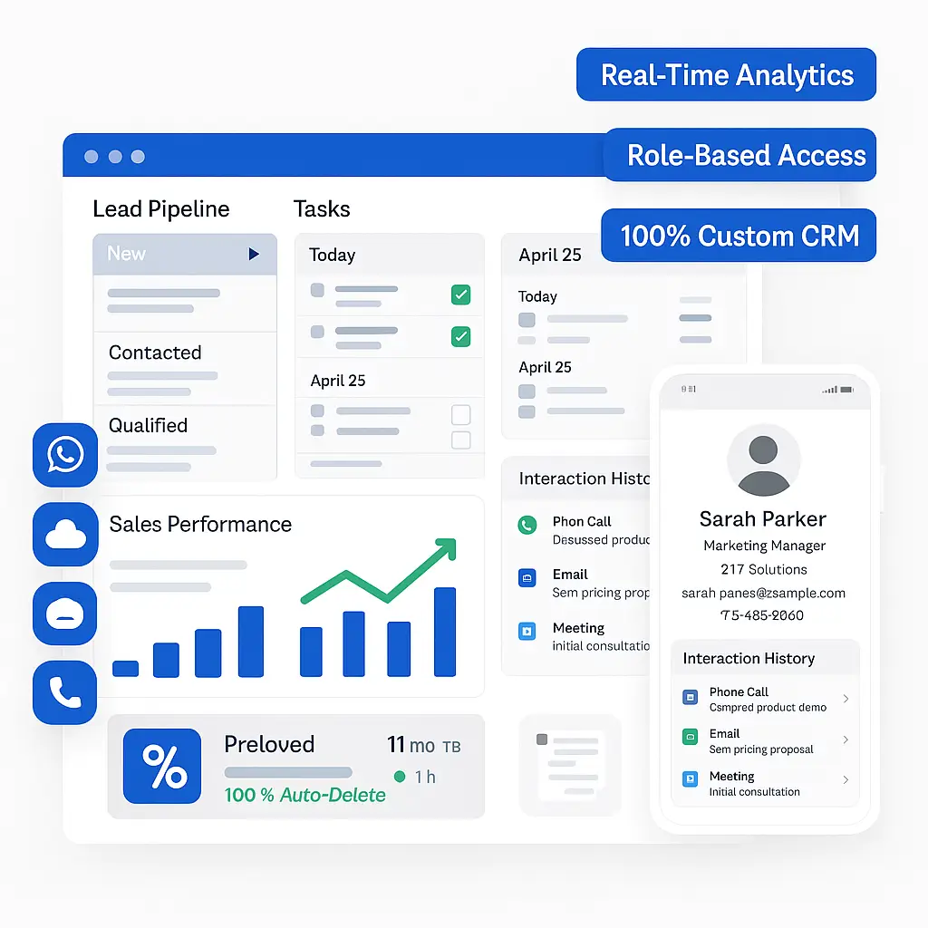 3D-style CRM dashboard with sales pipeline, task manager, and real-time interaction history