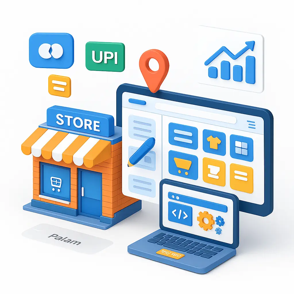3D illustration of online store setup with payment and coding elements