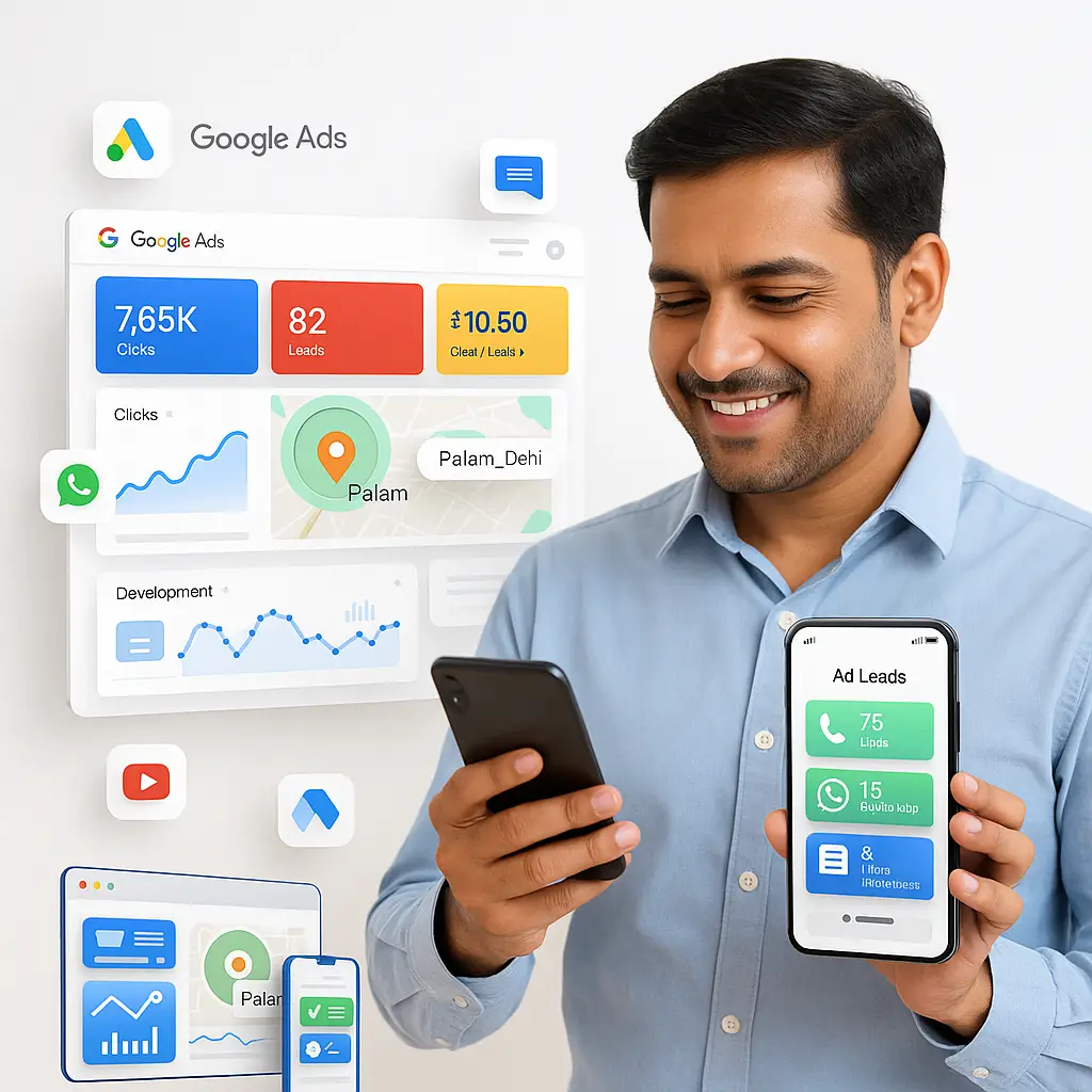Indian businessman checking Google Ads lead report on smartphone with dashboard showing clicks, leads, and location targeting in Palam, Delhi