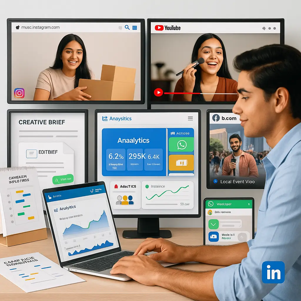 Young digital marketer tracking performance of YouTube, Instagram, WhatsApp, and Facebook campaigns using advanced analytics dashboard.