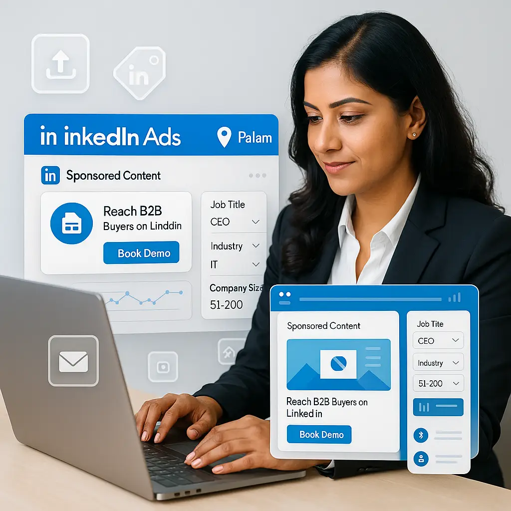 Indian businesswoman managing LinkedIn Ads campaign to reach B2B buyers like CEOs in the IT industry, using sponsored content and advanced filters