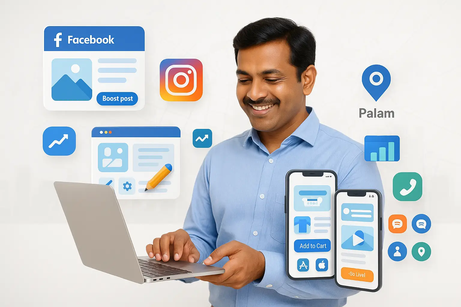 Indian businessman using laptop with Facebook, Instagram, mobile apps, location tag, and marketing icons for digital growth